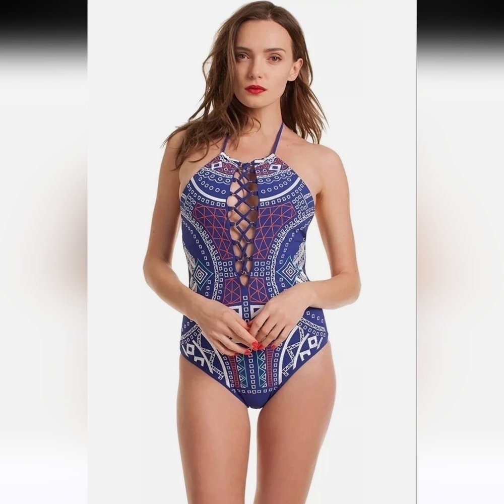 NWT TRINA TURK BALI EMBROIDERED ONE-PIECE SWIMSUIT INDIGO SZ 12